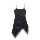 Vestido Mini Feminino de Cetim com Renda Assimétrica - Chic Francês Alças Finas Festa Noite Outono