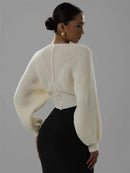 Cropped Tricô Manga Longa Feminino Casual - Decote V Solto Elegante Outono