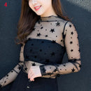 Women Lace Bottomed Blouse T-shirt Spring And Autumn Long Sleeve Mesh Crop Top Foreign Style Sexy Hollow Mesh Top High Neck 2024