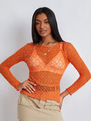 Women Lace Pullover TopS Retro Long Sleeve Round Neck See Through Solid Color Fitted T-Shirts Casual Blouse Streetwear Y2K 2000s