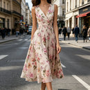 Boho Floral Print Elegant Party Dresses Womens Spring Sexy V Neck High Waist Pleated Long Dress Summer Sleeveless Vacation Dress