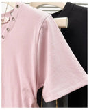 Women's V-Neck Rivet Detail Ruched Short Sleeve T-shirt Casual Slim Fit Crop Top