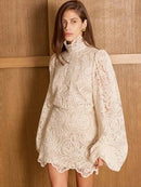 Lace Elegant Skirt Two Piece Set Women Turtleneck Hollow Out Lantern Sleeve Tops Irregular Hem Mini Skirt 2025 Chic Party Suit