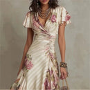 Boho Style Elegant Floral Print Long Dress Woman Spring V Neck High Waist Party Dress Summer Short Sleeve Zip Maxi Dress Vestido