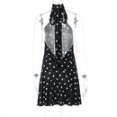 Vestido Mini Feminino com Estampa de Bolinhas e Amarração - Sexy Sem Manga Slim Patchwork Costas Abertas
