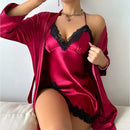 Camisola Feminina Sexy com Renda e Decote V - Pijama Curto de Seda Costas Abertas Lingerie Noite