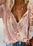 2026 Women's Fashion Solid Color Lace Long Sleeve Shirt Loose Slim Fit Versatile Elegant Office Commute Casual Pullover Blouse