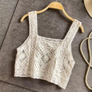 Women Crochet Sleeveless Crop for Tank Top Retro Knit Plaid Square Neck Sweater 6XDA