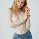 New Women Floral Lace Shirt Spring Autumn Long Sleeve Sexy Mesh Bottoming Shirts Mock Neck Blouse T-Shirt Pullover Top