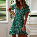Boho Floral skirt Print Ruffles Women Dress Summer Sexy V Neck Short Sleeve A Line Chiffon Mini Dresses Beach Sundress