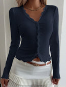 Casual Knitwear Lace V-Neck Cardigan Women Slim Solid Long Sleeves Commuting Cropped New Outwear Women's Knit Cardigan Top