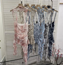 Women's Vintage Tie-dye Printed Mesh Spaghetti Strap Camisole Hot Girl Irregular Ruffled Ribbon Sleeveless Top Partyclub 1185