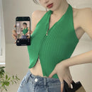 Regata Cropped Halter com Zíper - Feminina Sexy Streetwear Sem Manga