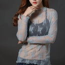 Women Lace Bottomed Blouse T-shirt Spring And Autumn Long Sleeve Mesh Crop Top Foreign Style Sexy Hollow Mesh Top High Neck 2024