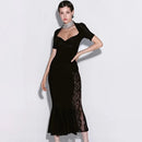 Ticketsx Sexy Lace Dress Set Women Fashion V-Neck See-Through Patchwork Pleated Slim Skirts Set Elegant Party Evening Dress Set