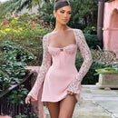 Vestido Mini Feminino com Renda Patchwork e Cintura Franzida - Linha A Costas Abertas Sexy Festa Balada Outono Inverno