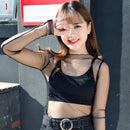 Women Lace Bottomed Blouse T-shirt Spring And Autumn Long Sleeve Mesh Crop Top Foreign Style Sexy Hollow Mesh Top High Neck 2024