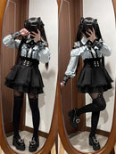 Women‘s Lolita Set Dark Femme Mesh Top & Waist Cinching Skirt, 2025 Autumn Japanese Street Style Coord for Gothic Baddie Fashion