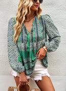 Boho lnspired Pink Floral Blouse Women V-neck Tassel Long Sleeve Bohemian Women Tops New Summer Fashion  Blouse Shirt For Women