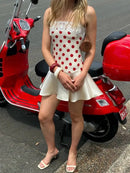 Vestido Mini Feminino Vermelho com Poa e Alças de Cetim - Sexy Sem Manga Costas Abertas Slim Praia Clube