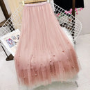 Mesh Plested Skirts Women Chic Pearl Aesthetic Midi Skirt Holiday Sweet Temper Female Spring High Waist Delicate Faldas Largas