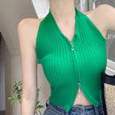 Regata Cropped Halter com Zíper - Feminina Sexy Streetwear Sem Manga