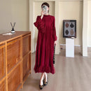 Miyake Pleated Dress Women's 2025 New High-end Solid Color Round Neck Bell Sleeves Ruffled Waist Design Elegant Pleated Skirt