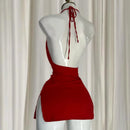 Vestido Mini Feminino Vermelho com Bandagem e Decote V - Irregular Slim Sexy Moda Coreana Noite