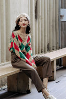 Cardigan Tricô Xadrez Feminino Estilo Coreano - Decote V Outono Inverno 2025