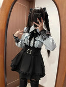 Women‘s Lolita Set Dark Femme Mesh Top & Waist Cinching Skirt, 2025 Autumn Japanese Street Style Coord for Gothic Baddie Fashion