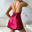 Camisola Feminina Sexy com Renda e Decote V - Pijama Curto de Seda Costas Abertas Lingerie Noite
