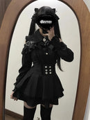 Women‘s Lolita Set Dark Femme Mesh Top & Waist Cinching Skirt, 2025 Autumn Japanese Street Style Coord for Gothic Baddie Fashion