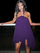 Vestido Mini Feminino Y2K com Halter e Franzido - Ombro Frio Costas Abertas Barra Irregular Sexy