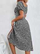 Women's Boho Curvy Holiday Outfits Frenchy Style Ditsy Floral Print Ruched Split Thigh Milkmaid Puff Sleeve Square Neck Dress