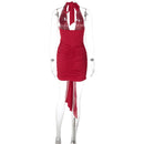 Vestido Mini Feminino com Halter e Franzido - Sexy Renda Amarrão Slim Elegante Festa Clube