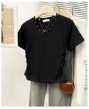 Women's V-Neck Rivet Detail Ruched Short Sleeve T-shirt Casual Slim Fit Crop Top