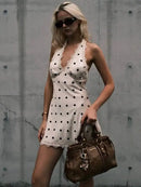Vestido Mini Feminino de Cetim com Poa e Halter - Sexy Decote V Profundo Costas Abertas Praia Clube