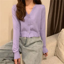 Cardigan Cropped Feminino de Tricô com Decote V e Manga Longa - Estilo Coreano Y2K Verde Azul