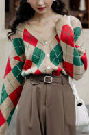 Cardigan Tricô Xadrez Feminino Estilo Coreano - Decote V Outono Inverno 2025