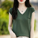 Top Tricô Feminino Color Block com Bolso - Decote Redondo Solto Verão