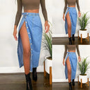 Casual Mid-Length Denim Skirt High Waist A-Line Skirt with Slit for Women Commute Pure Color Long Skirt with Button Detail