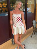 Vestido Mini Feminino Vermelho com Poa e Alças de Cetim - Sexy Sem Manga Costas Abertas Slim Praia Clube