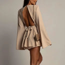 Vestido Mini Feminino Elegante com Gola Redonda e Manga Longa Flare - Cintura Alta Linha A Costas Abertas Amarrão Festa