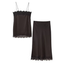 Tidalyf 2025 Women Two Piece Skirt Set Off Shoulder Lace Trim Cami Top with Split Hem Midi Skirt Sexy Elegant Outfit