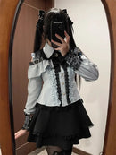 Women‘s Lolita Set Dark Femme Mesh Top & Waist Cinching Skirt, 2025 Autumn Japanese Street Style Coord for Gothic Baddie Fashion
