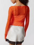 Women Lace Pullover TopS Retro Long Sleeve Round Neck See Through Solid Color Fitted T-Shirts Casual Blouse Streetwear Y2K 2000s