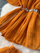 Women Summer Skirt Sets New Fashionable Three-dimensional Flower Short Sleeved Chiffon Top Pleated Skirt Two-piece Set C111