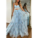 Women Boho 2 Piece Floral Chiffon Maxi Dress Sexy Summer Lace Corset Top & Tiered Flowy Tulle Skirt Set for Prom Wedding Party