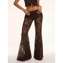 Womens Elegant Sheer Floral Lace See-through Long Pants Elastic High Waist Trendy Wide Leg Flared Trousers Streetwear