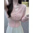 Fashion Women Chic V-Neck Lace Knitted  Cardigan Elegant Shirt Tops